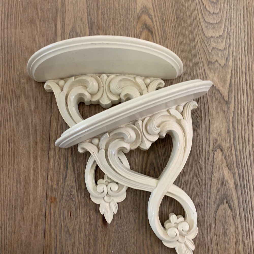 Set of 2 Cream French Country Scroll Wall Shelves Ornate Baroque Corbel Ledges